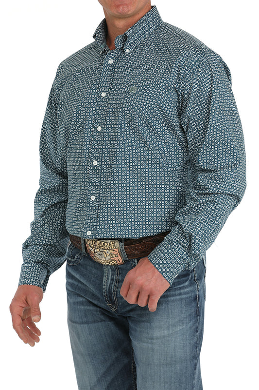 Cinch Men's Blue Geometric Print Long Sleeve Button-Down Shirt