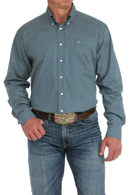 Cinch Men's Blue Geometric Print Long Sleeve Button-Down Shirt