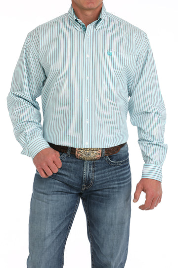 Cinch Men's White w/Blue Striped Button-Down Tencel Shirt