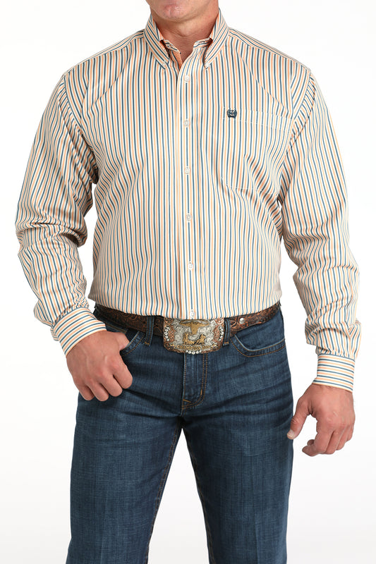 Cinch Men's Tencel Cream Stripe Print Button Down Long Sleeve Shirt