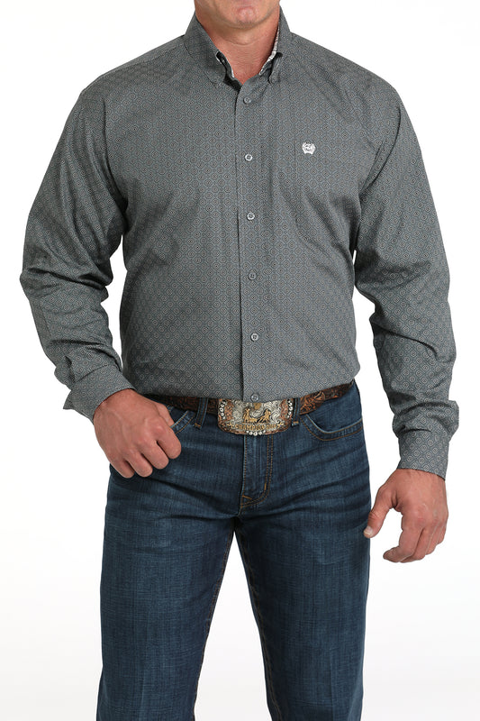 Cinch Men's Classic Fit Grey Circle Pattern Long Sleeve Button Down Shirt