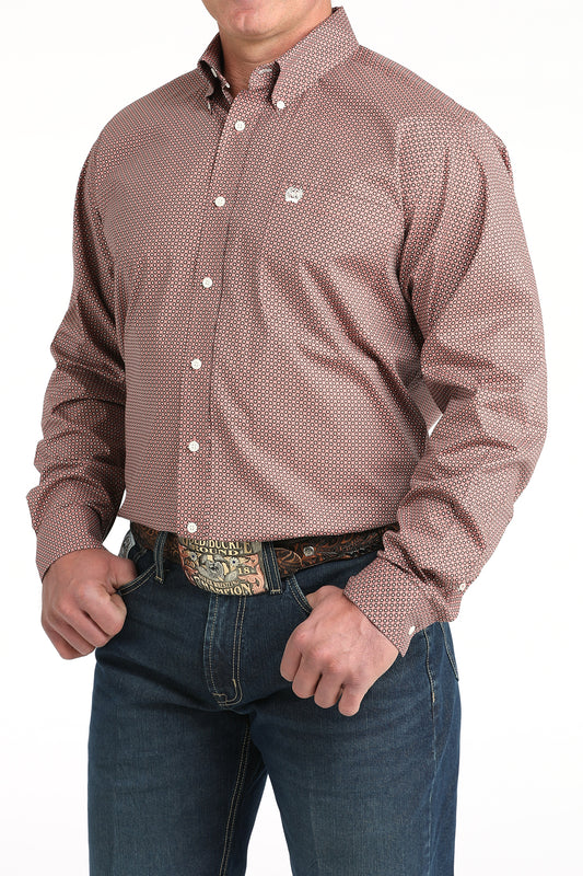 Cinch Men's Classic Fit Geometric Print Pink Button-Down Shirt