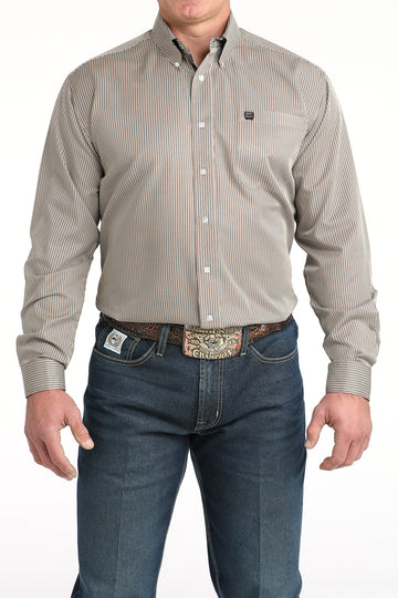 Cinch Men's Tencel Classic Fit Brown Stripe Button-Down Shirt