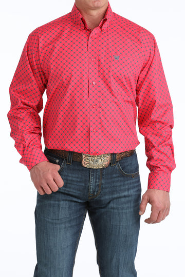 Cinch Men's Pink Geometric Print Long Sleeve Button Down Shirt