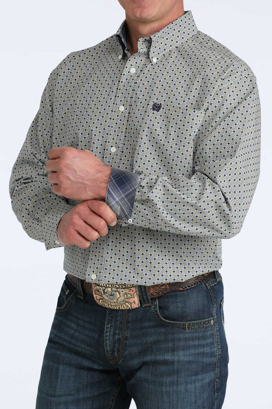 Cinch Men's Grey Geometric Print Long Sleeve Button-Down Shirt