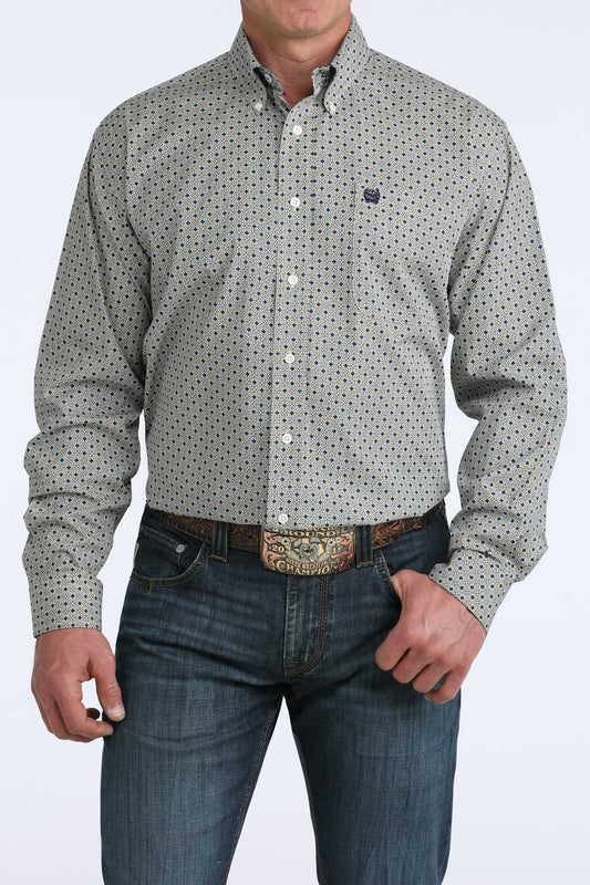 Cinch Men's Grey Geometric Print Long Sleeve Button-Down Shirt
