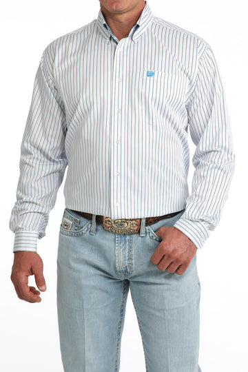 Cinch Men's Long Sleeve Button-Down White Striped Shirt
