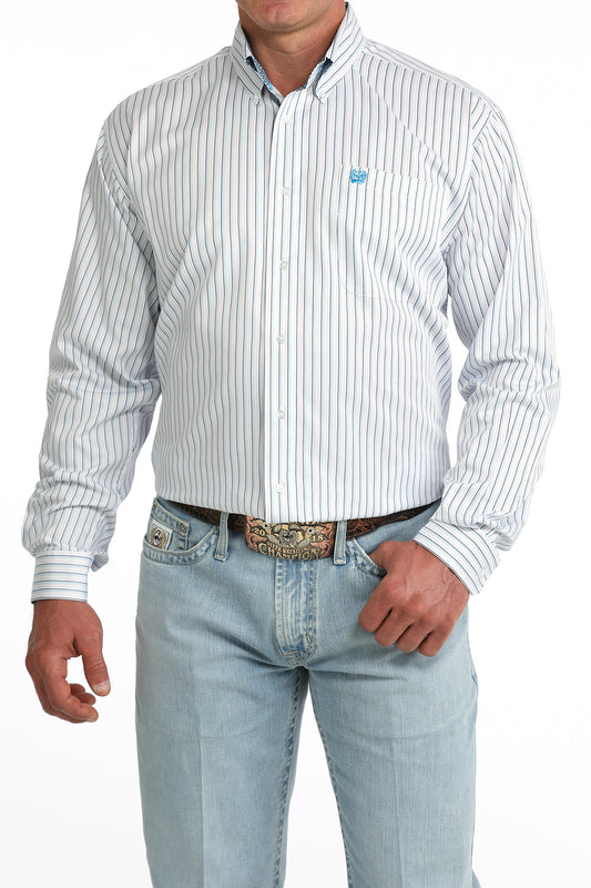 Cinch Men's Long Sleeve Button-Down White Striped Shirt