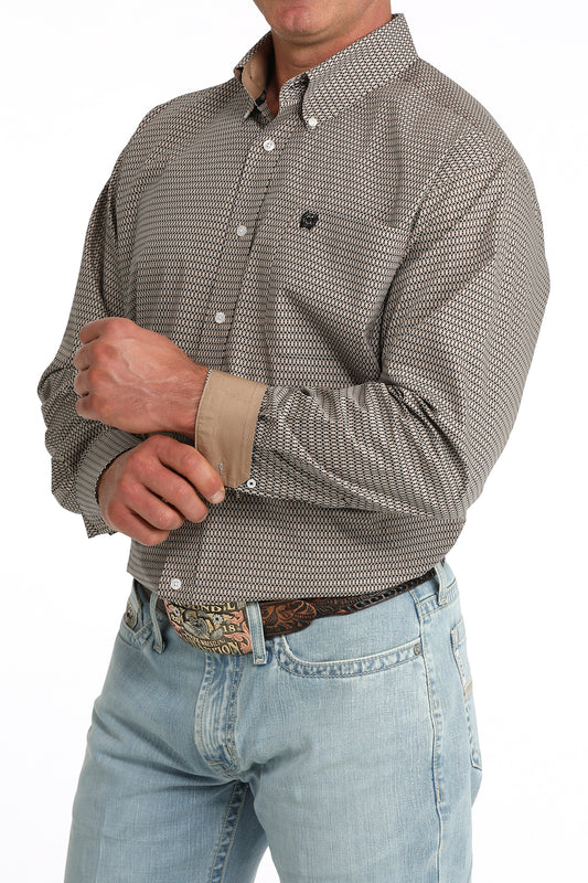 Cinch Men's Khaki Geometric Print Long Sleeve Button-Down Shirt