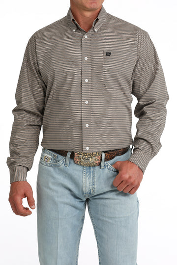 Cinch Men's Khaki Geometric Print Long Sleeve Button-Down Shirt