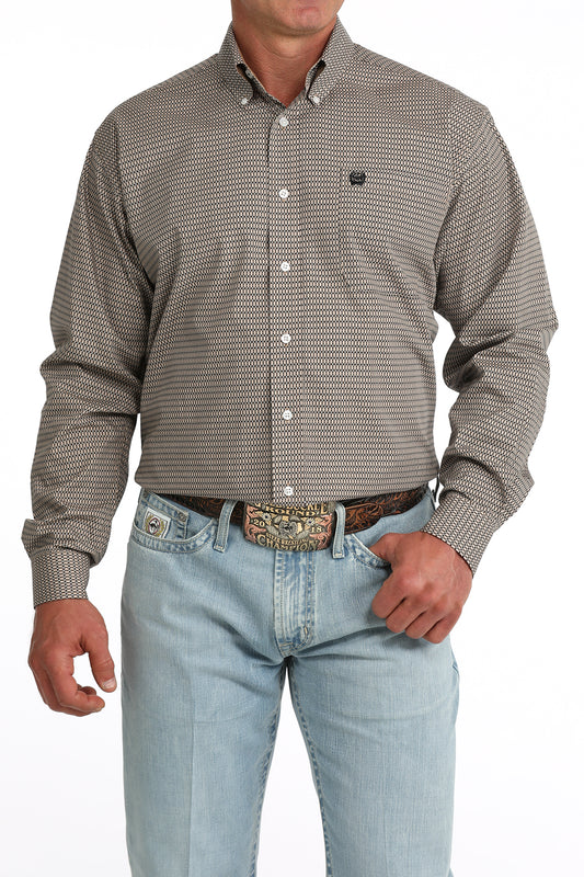 Cinch Men's Khaki Geometric Print Long Sleeve Button-Down Shirt