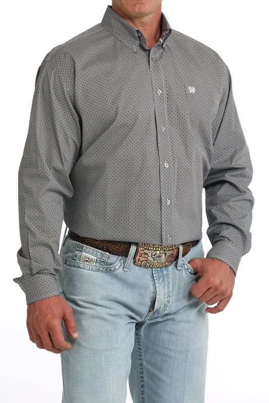 Cinch Men's Grey Geometric Print Long Sleeve Button-Down Shirt