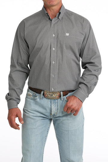 Cinch Men's Grey Geometric Print Long Sleeve Button-Down Shirt