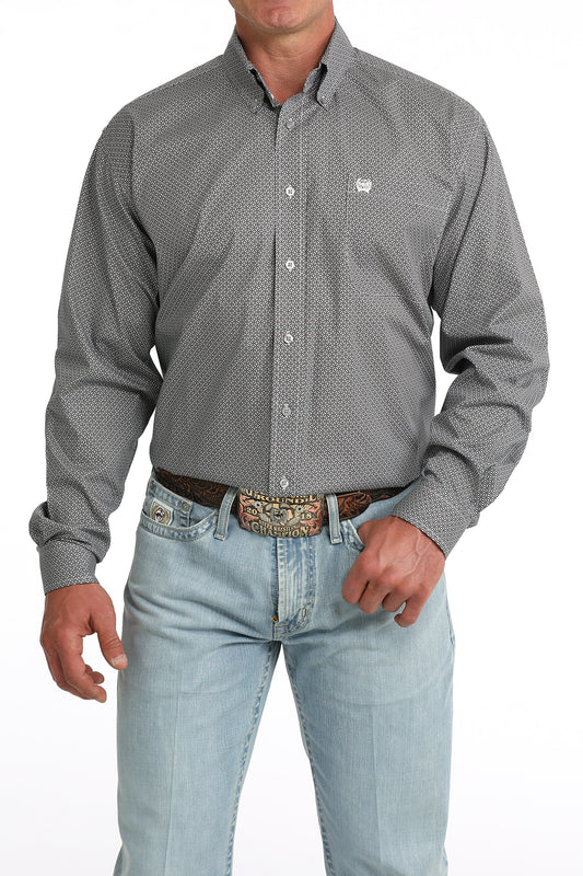 Cinch Men's Grey Geometric Print Long Sleeve Button-Down Shirt