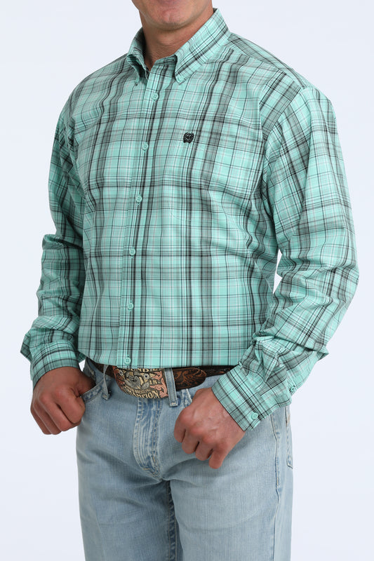 Cinch Men's Mint & Black Plaid Long Sleeve Button Down Shirt