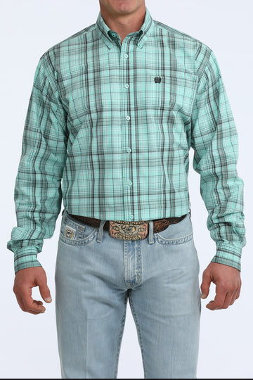 Cinch Men's Mint & Black Plaid Long Sleeve Button Down Shirt