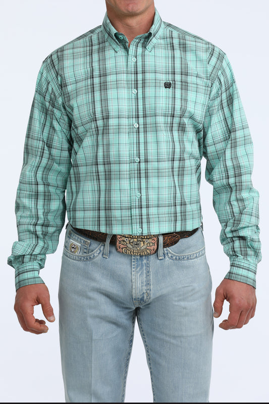 Cinch Men's Mint & Black Plaid Long Sleeve Button Down Shirt
