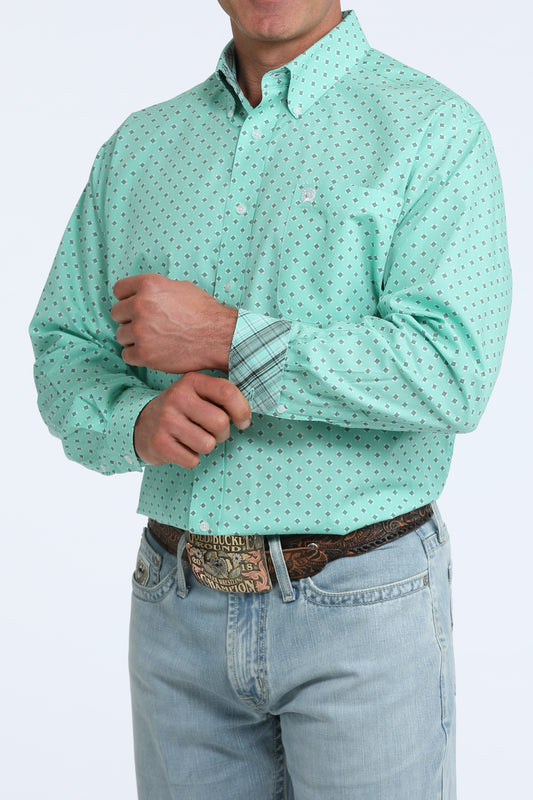 Cinch Men's Mint & Black Geometric Print Long Sleeve Button Down Shirt