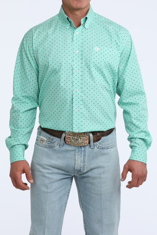 Cinch Men's Mint & Black Geometric Print Long Sleeve Button Down Shirt