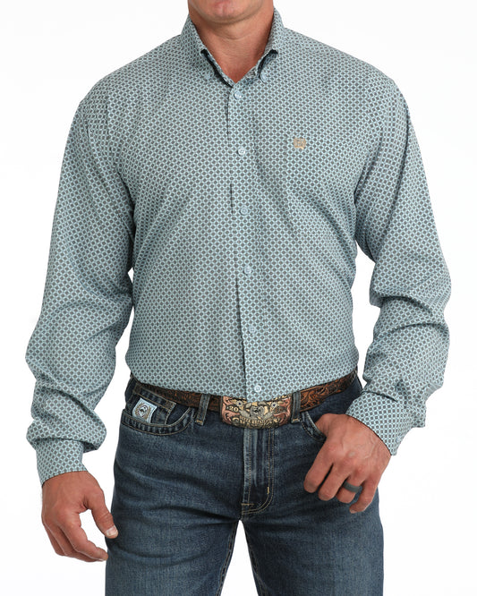 Cinch Men's Light Blue Geometric Print ArenaFlex Long Sleeve Button Down Shirt