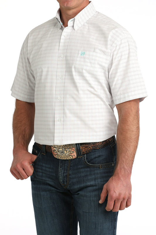 Cinch Men's White Short Sleeve Plaid Button Down Classic Fit Shirt