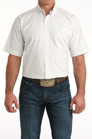 Cinch Men's White Short Sleeve Plaid Button Down Classic Fit Shirt