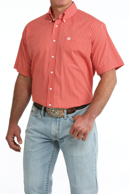 Cinch Men's Red Striped Print Short Sleeve Button-Down Shirt