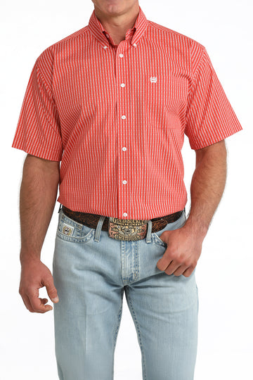Cinch Men's Red Striped Print Short Sleeve Button-Down Shirt