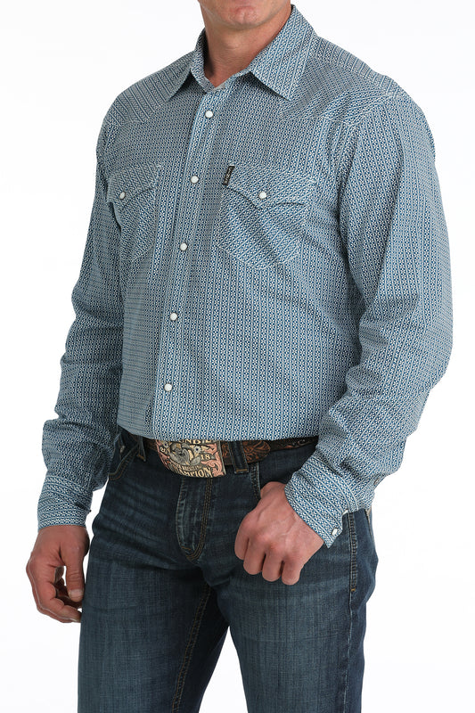 Cinch Men's Modern Fit Blue Printed Long Sleeve Snap Shirt