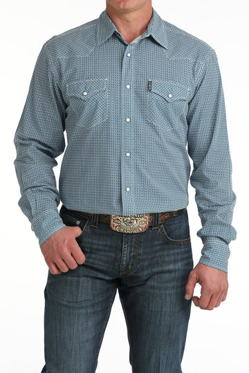 Cinch Men's Modern Fit Blue Printed Long Sleeve Snap Shirt