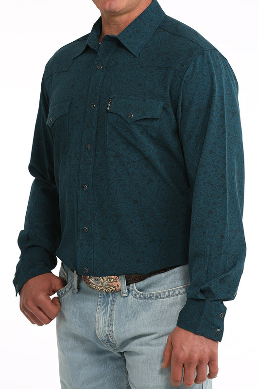 Cinch Men's Modern Fit Teal Paisley Print Long Sleeve Snap Shirt