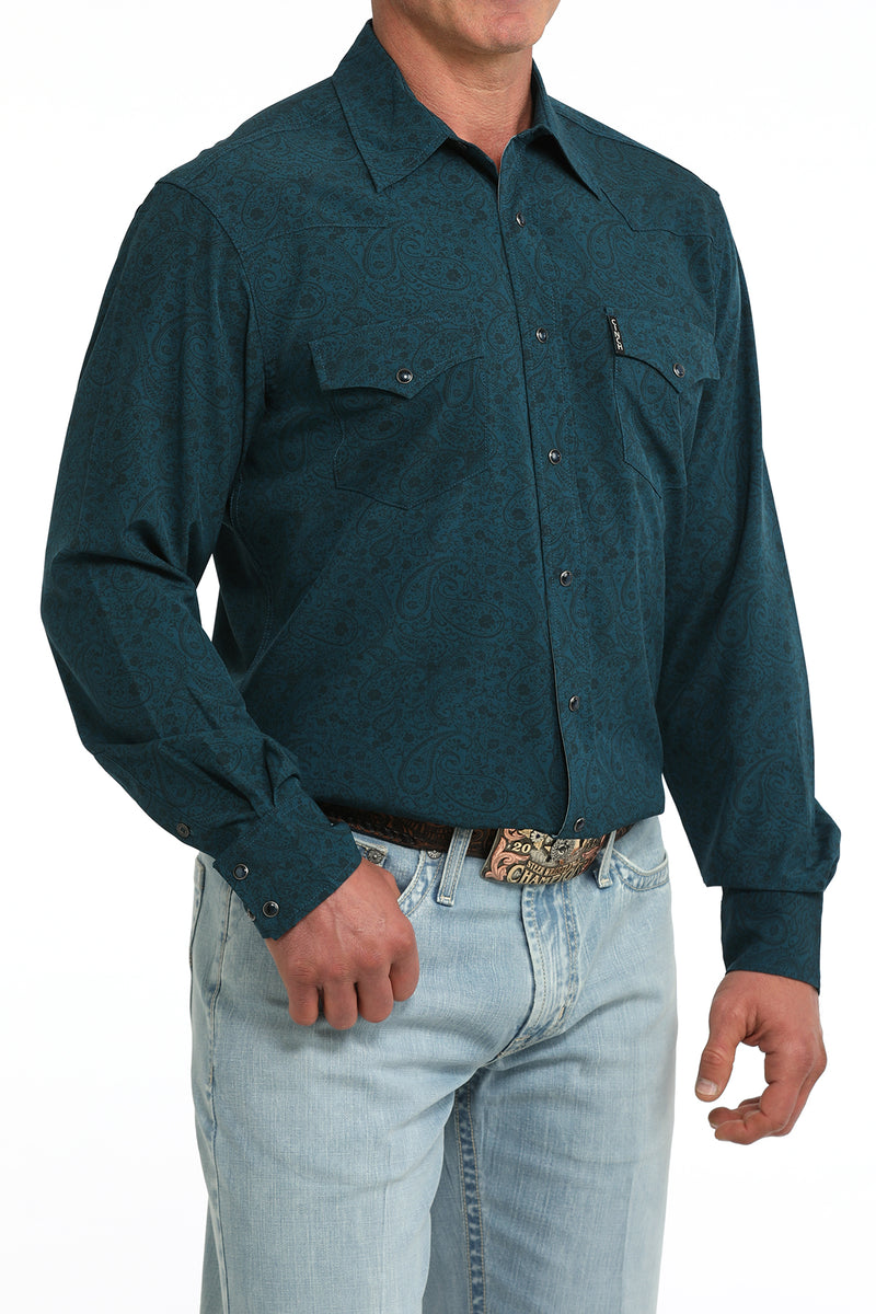 Cinch Men's Modern Fit Teal Paisley Print Long Sleeve Snap Shirt