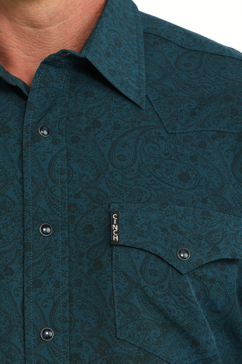 Cinch Men's Modern Fit Teal Paisley Print Long Sleeve Snap Shirt