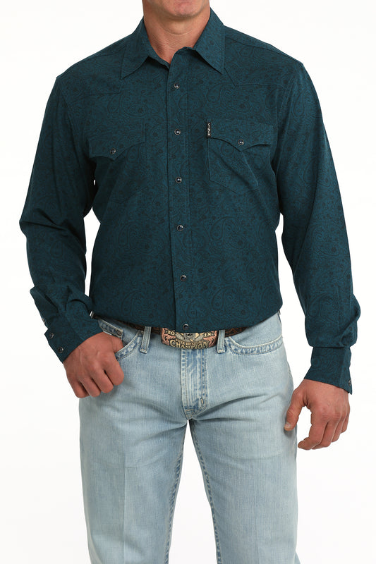 Cinch Men's Modern Fit Teal Paisley Print Long Sleeve Snap Shirt