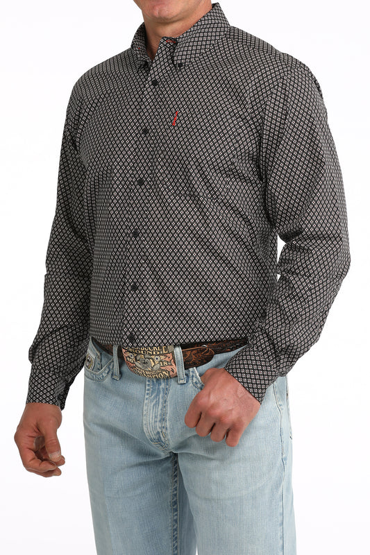 Cinch Modern Fit Black Geometric Print Long Sleeve Button Down Shirt