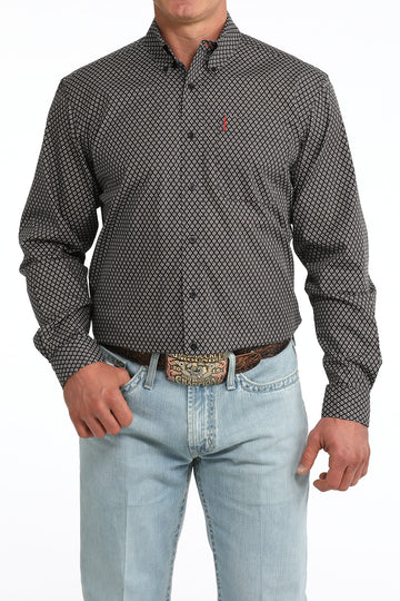 Cinch Modern Fit Black Geometric Print Long Sleeve Button Down Shirt