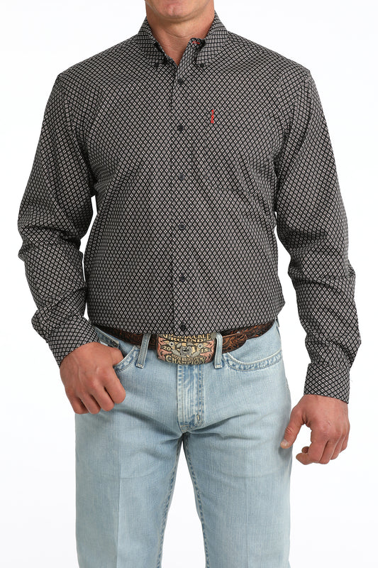 Cinch Modern Fit Black Geometric Print Long Sleeve Button Down Shirt