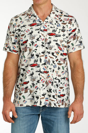 Cinch Men's White Rodeo Print Camp Shirt