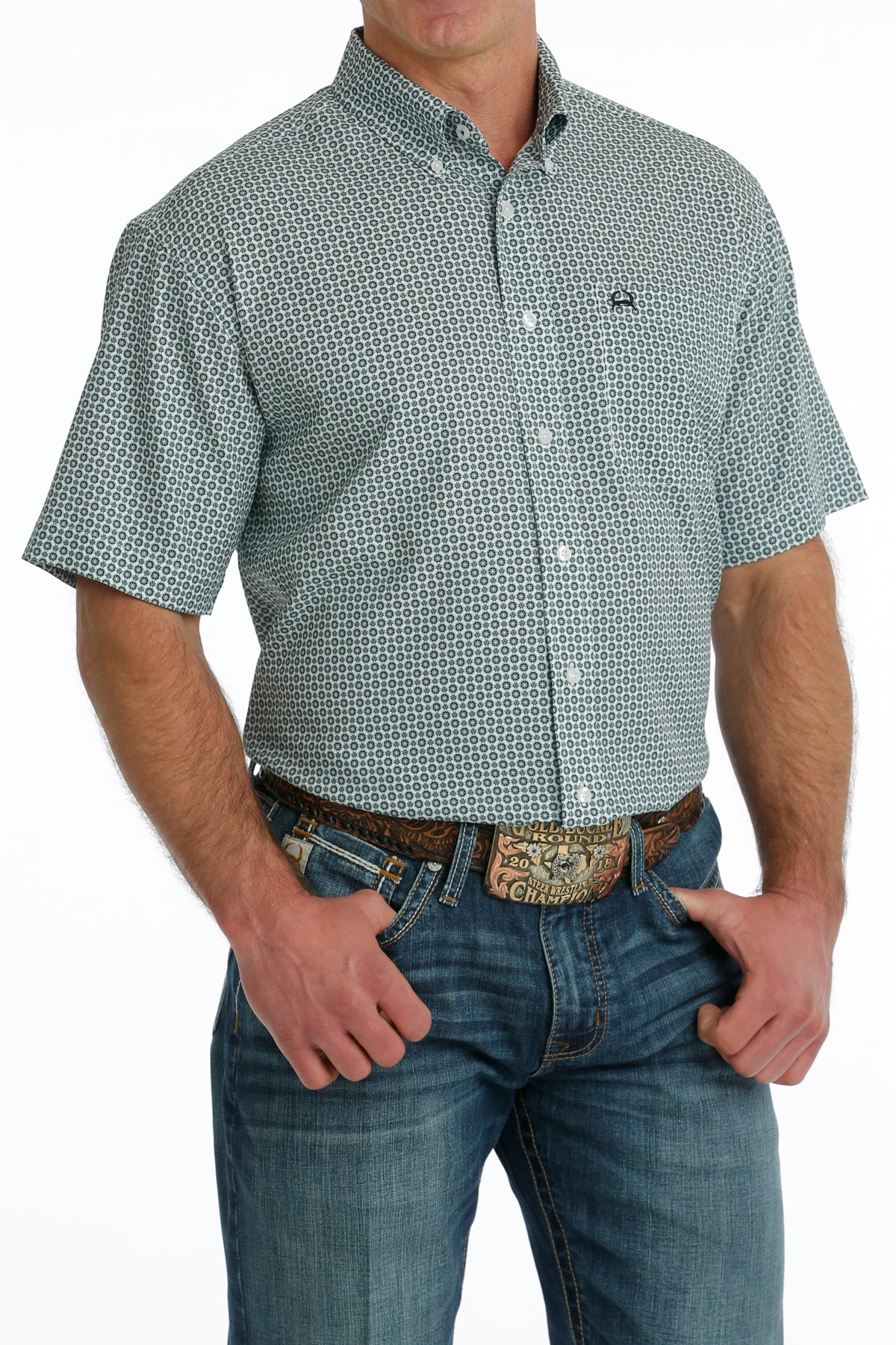 Cinch Men's White w/Teal Geometric Print Arena Flex Short Sleeve Shirt