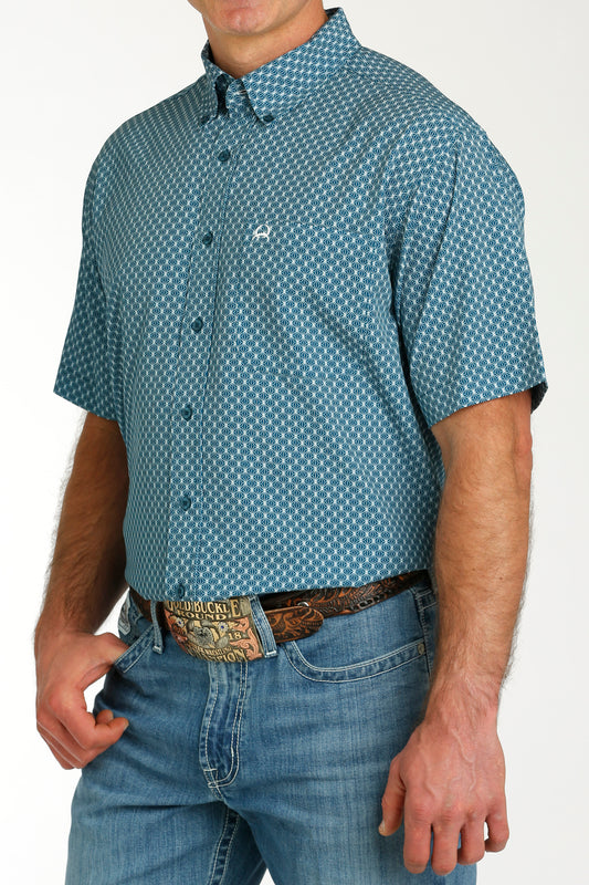 Cinch Men's Teal & White Geometric Print Short Sleeve ArenaFlex Shirt