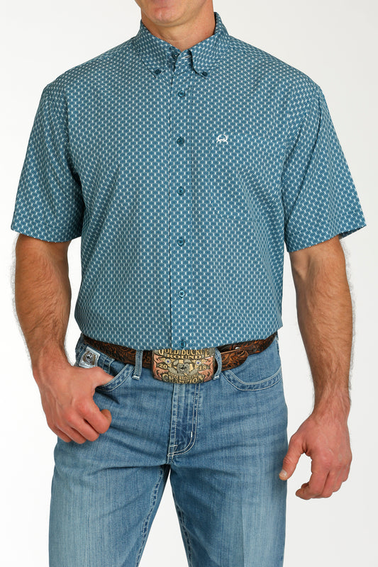 Cinch Men's Teal & White Geometric Print Short Sleeve ArenaFlex Shirt