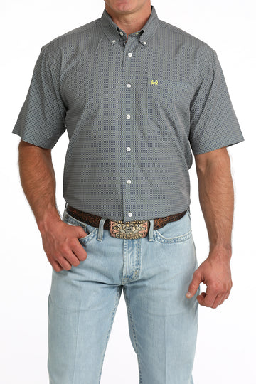 Cinch Men's Grey ArenaFlex Geometric Print Short Sleeve Button-Down Shirt