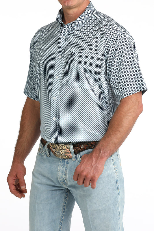 Cinch Men's ArenaFlex Blue Geometric Print Short Sleeve Button Down Shirt