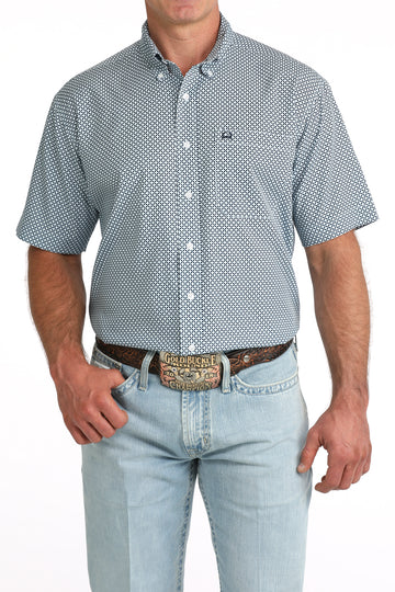 Cinch Men's ArenaFlex Blue Geometric Print Short Sleeve Button Down Shirt