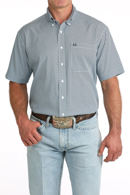 Cinch Men's ArenaFlex Blue Geometric Print Short Sleeve Button Down Shirt
