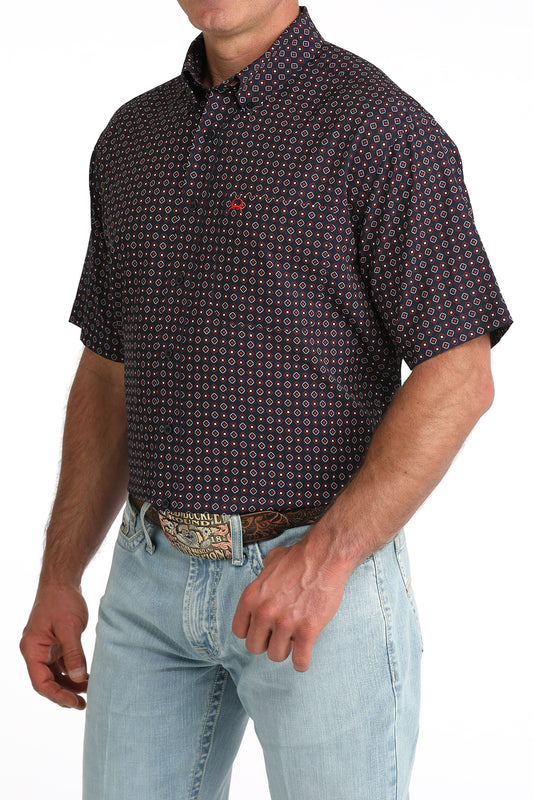 Cinch Men's ArenaFlex Navy Geometric Print Short Sleeve Button Down Shirt