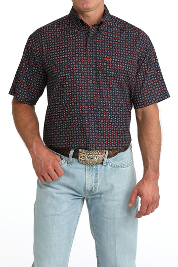 Cinch Men's ArenaFlex Navy Geometric Print Short Sleeve Button Down Shirt