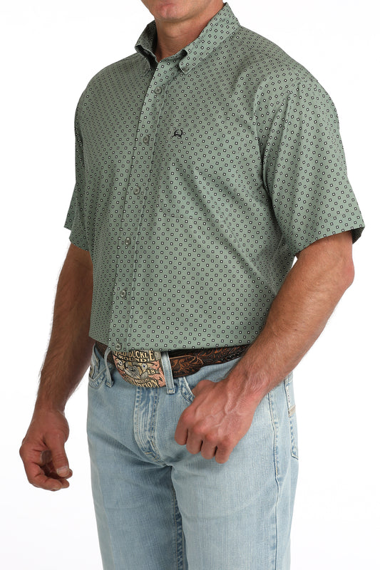 Cinch Men's ArenaFlex Olive Green Geometric Print Short Sleeve Button Down Shirt