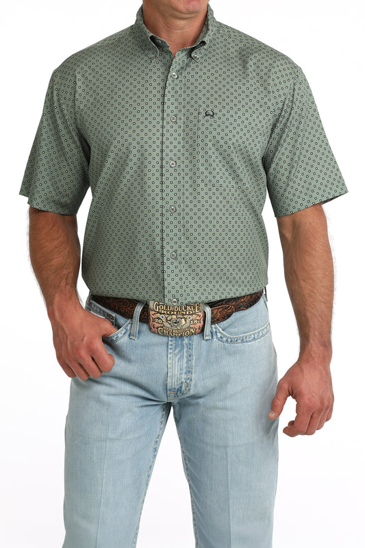 Cinch Men's ArenaFlex Olive Green Geometric Print Short Sleeve Button Down Shirt