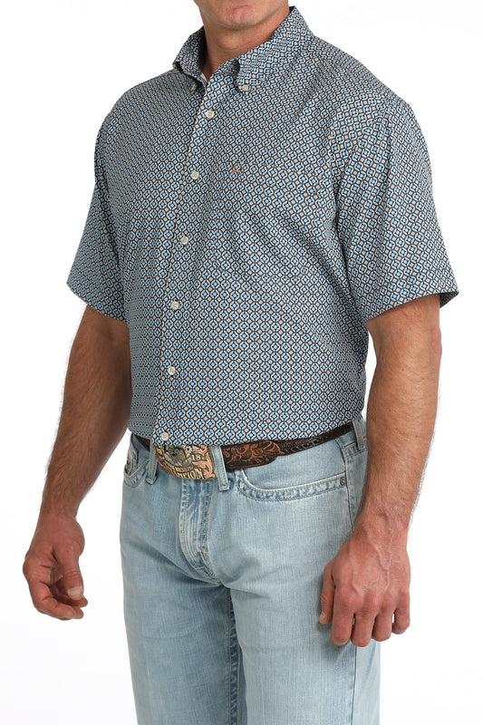 Cinch Men's ArenaFlex Blue Geometric Print Short Sleeve Shirt